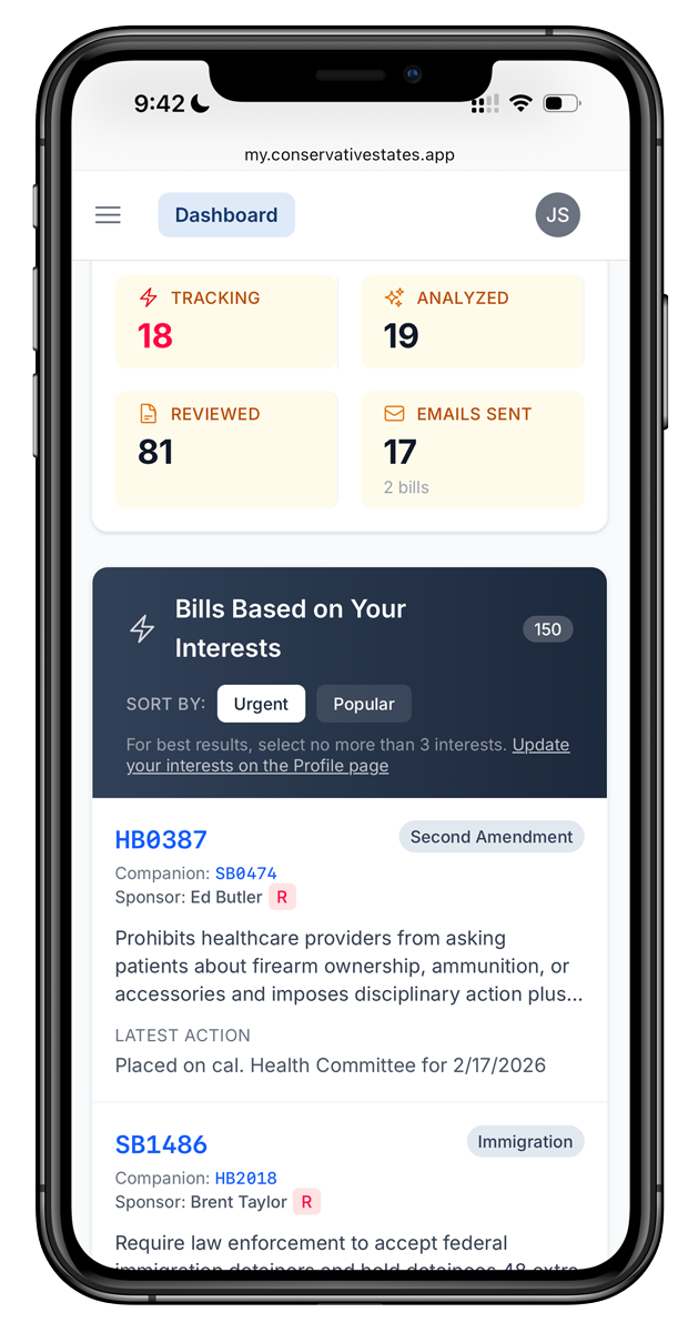 The Conservative States dashboard on a phone, showing bills that need action this week